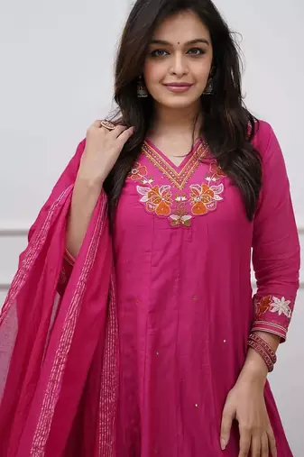 Beautiful  a pink colored embroidered cotton blend anarkali suit set with a dupatta