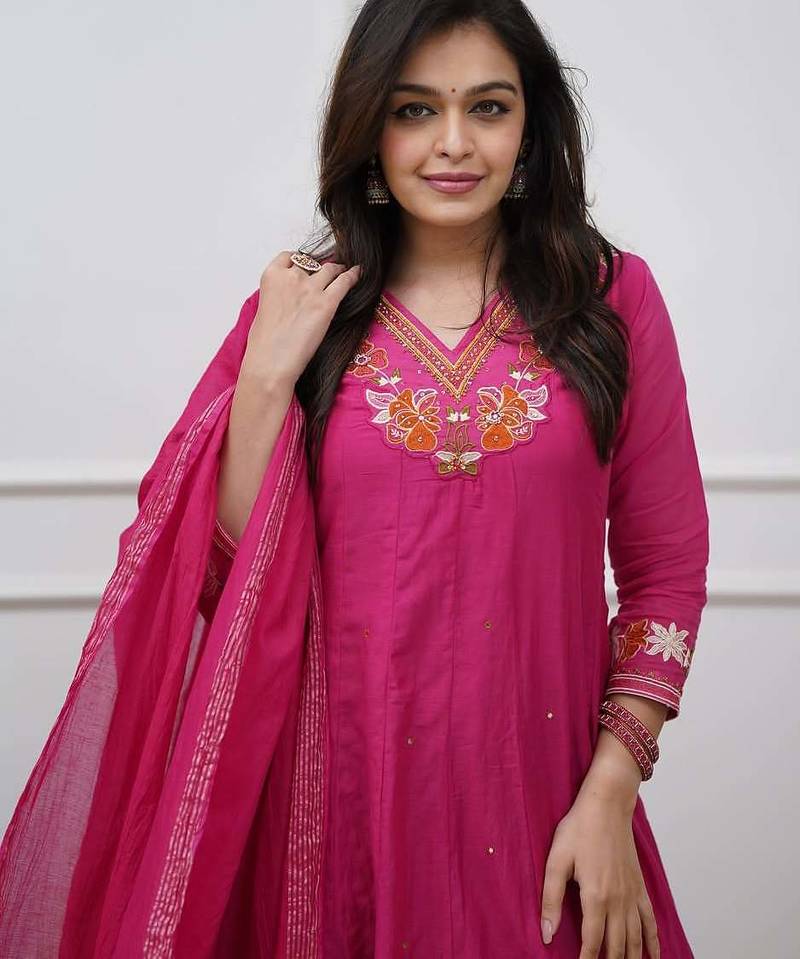 Beautiful  a pink colored embroidered cotton blend anarkali suit set with a dupatta