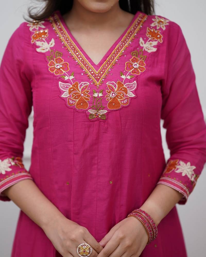 Beautiful  a pink colored embroidered cotton blend anarkali suit set with a dupatta