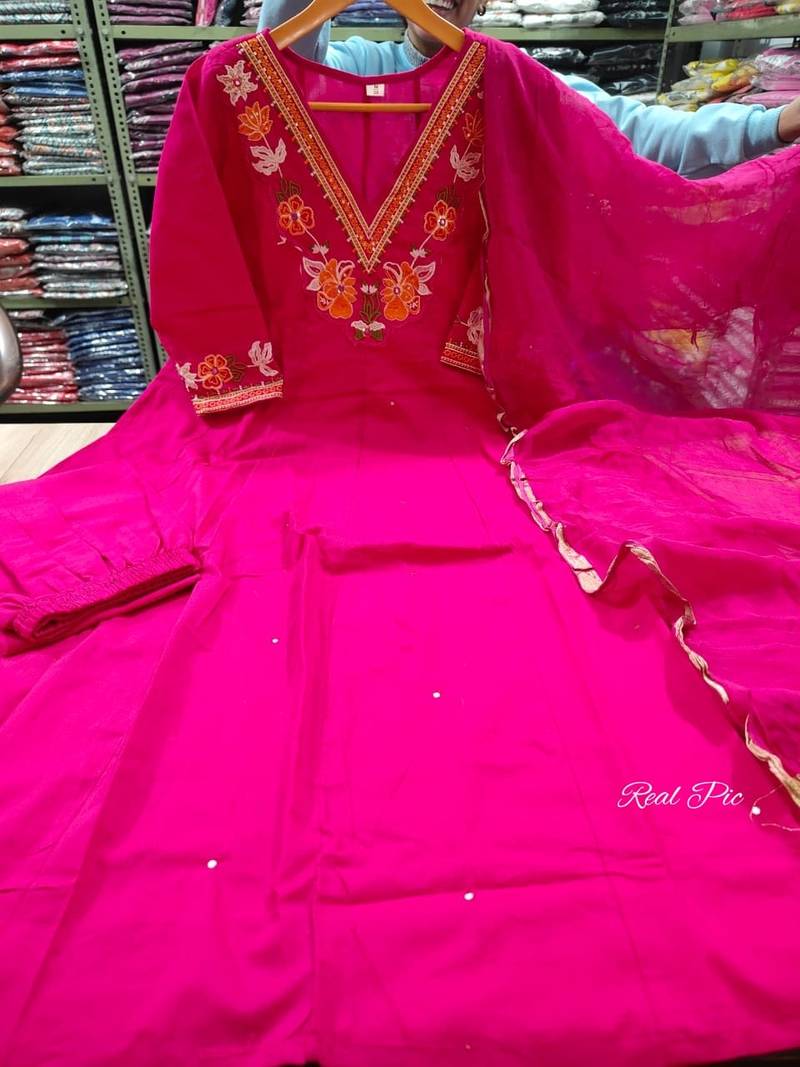 Beautiful  a pink colored embroidered cotton blend anarkali suit set with a dupatta