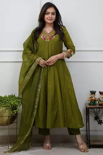 Beautiful  a green colored embroidered cotton blend anarkali suit set with a dupatta