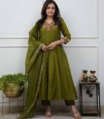 Beautiful  a green colored embroidered cotton blend anarkali suit set with a dupatta