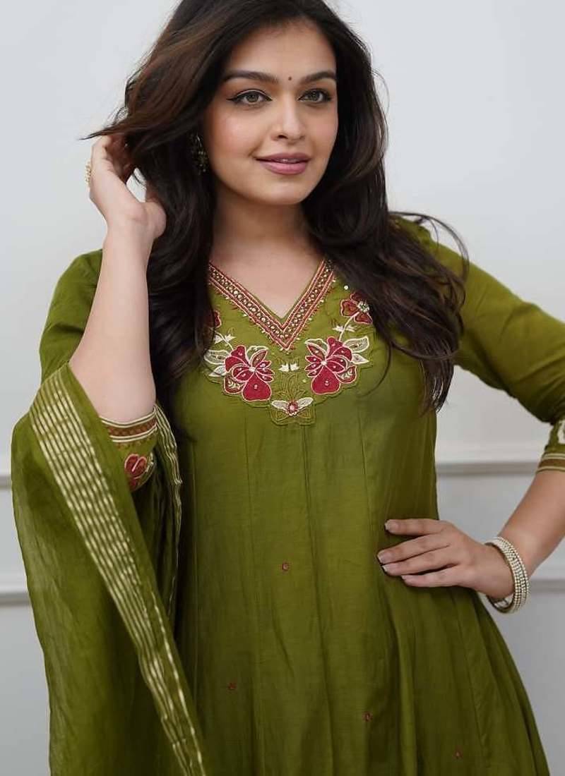 Beautiful  a green colored embroidered cotton blend anarkali suit set with a dupatta