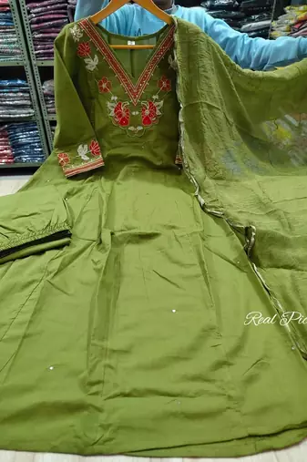 Beautiful  a green colored embroidered cotton blend anarkali suit set with a dupatta