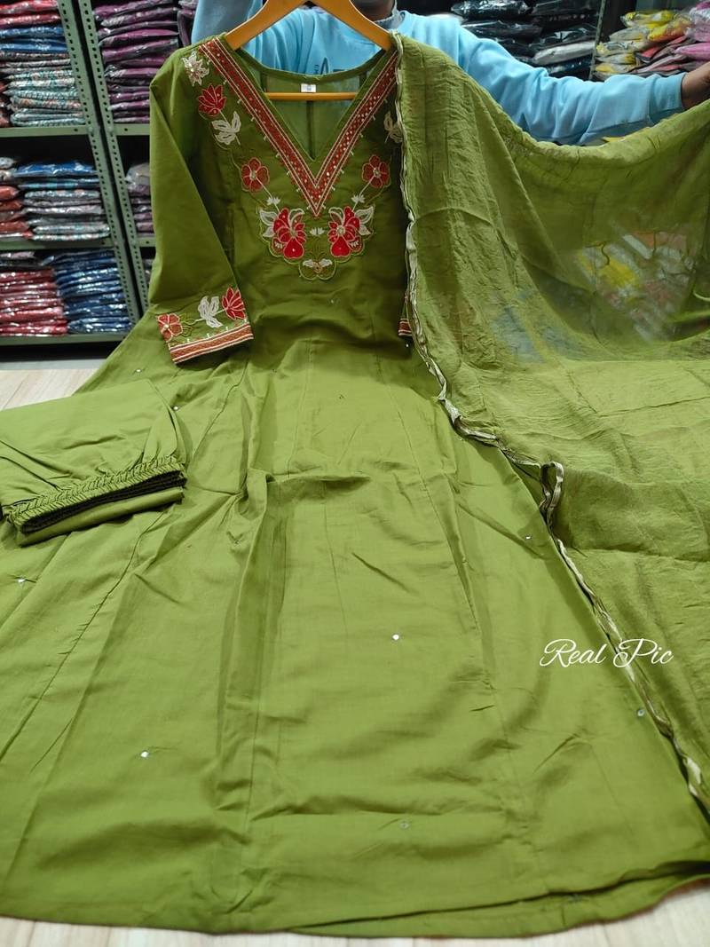 Beautiful  a green colored embroidered cotton blend anarkali suit set with a dupatta