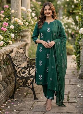 Beautiful  a dark green cotton kurta pant set featuring white floral embroidery and a matching dupatta 1