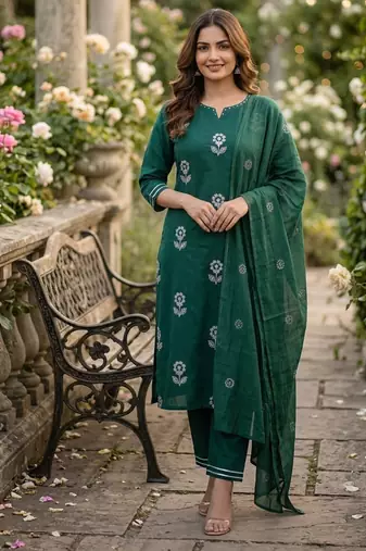 Beautiful  a dark green cotton kurta pant set featuring white floral embroidery and a matching dupatta
