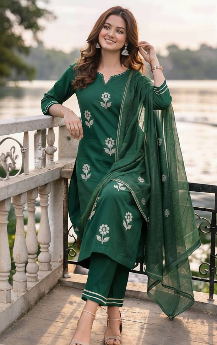 Beautiful  a dark green cotton kurta pant set featuring white floral embroidery and a matching dupatta