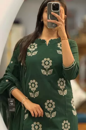 Beautiful  a dark green cotton kurta pant set featuring white floral embroidery and a matching dupatta