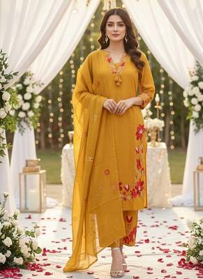 Beautiful  a mustard yellow embroidered kurta pant dupatta set. 1