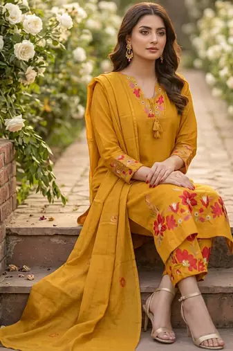 Beautiful  a mustard yellow embroidered kurta pant dupatta set.