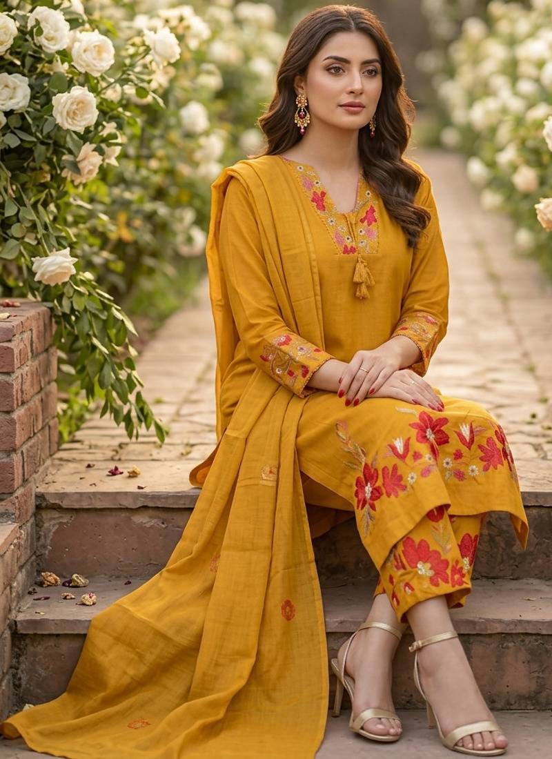 Beautiful  a mustard yellow embroidered kurta pant dupatta set.
