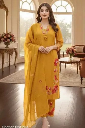 Beautiful  a mustard yellow embroidered kurta pant dupatta set.