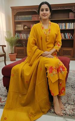 Beautiful  a mustard yellow embroidered kurta pant dupatta set. 4