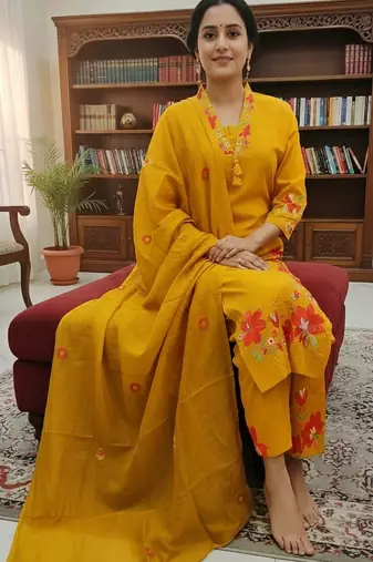 Beautiful  a mustard yellow embroidered kurta pant dupatta set.