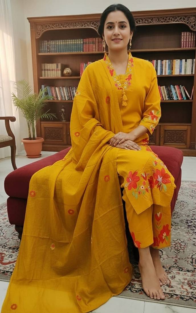 Beautiful  a mustard yellow embroidered kurta pant dupatta set.