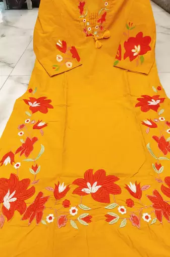 Beautiful  a mustard yellow embroidered kurta pant dupatta set.