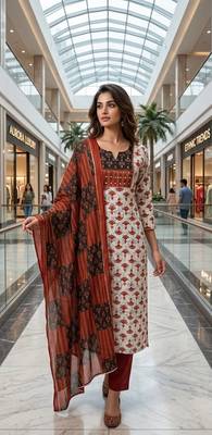 Beautiful premium white & red straight hand block printed kurti pant dupatta sets 1