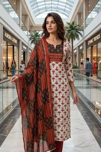 Beautiful premium white & red straight hand block printed kurti pant dupatta sets