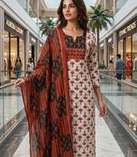 Beautiful premium white & red straight hand block printed kurti pant dupatta sets