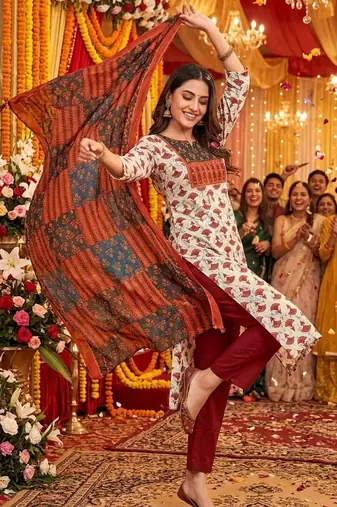 Beautiful premium white & red straight hand block printed kurti pant dupatta sets