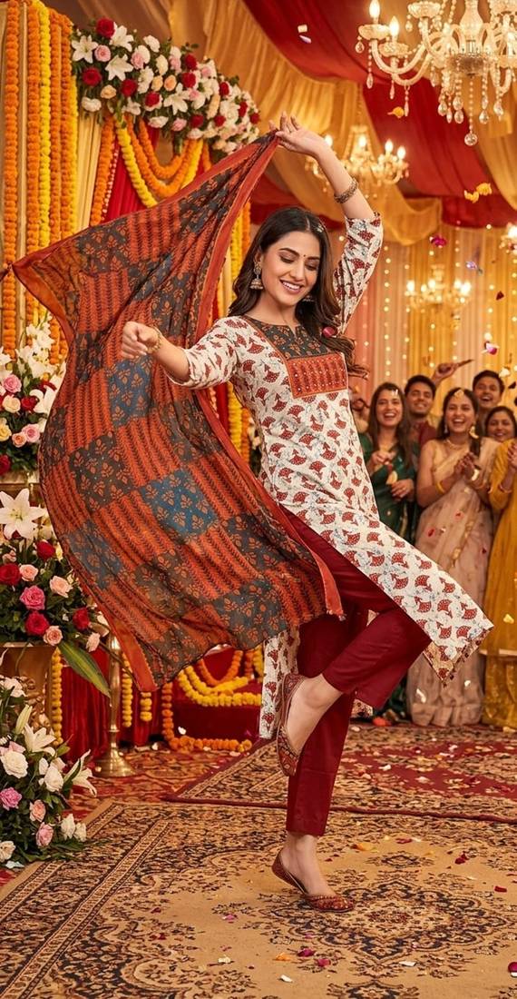 Beautiful premium white & red straight hand block printed kurti pant dupatta sets