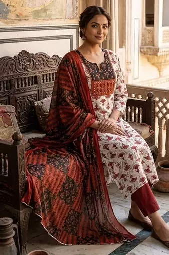 Beautiful premium white & red straight hand block printed kurti pant dupatta sets