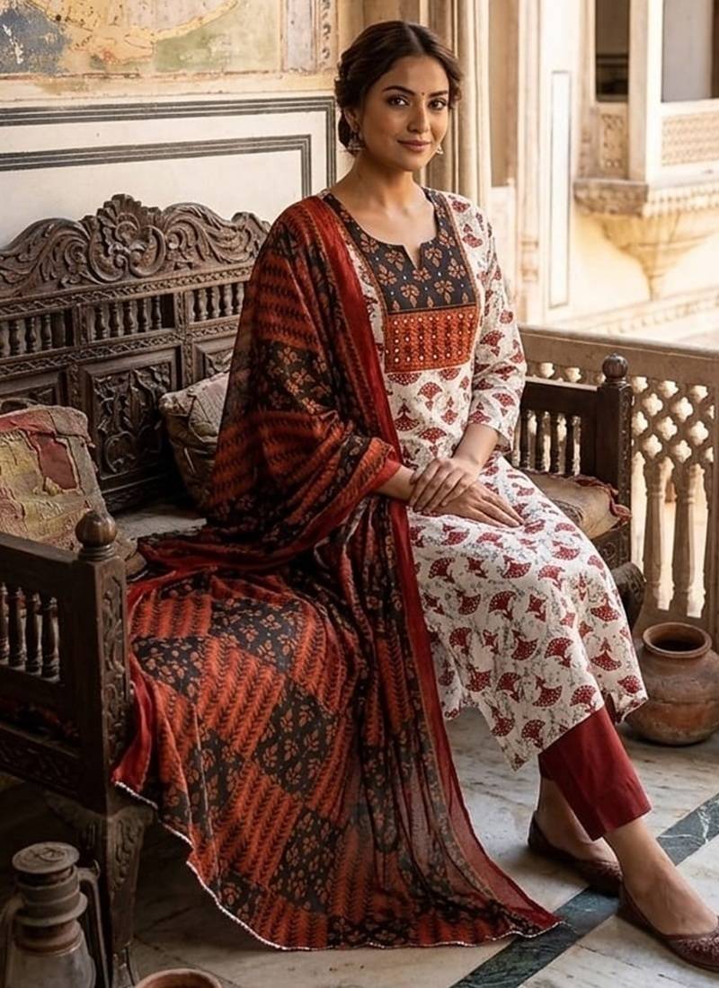 Beautiful premium white & red straight hand block printed kurti pant dupatta sets