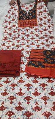 Beautiful premium white & red straight hand block printed kurti pant dupatta sets 4
