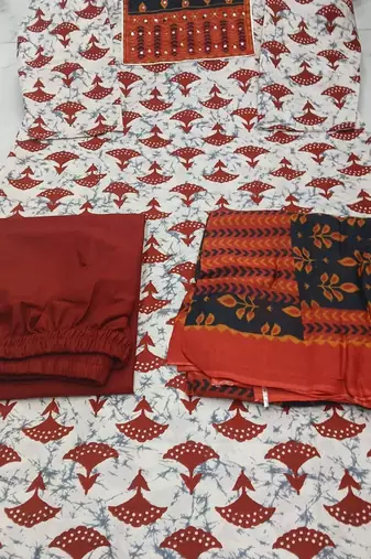 Beautiful premium white & red straight hand block printed kurti pant dupatta sets
