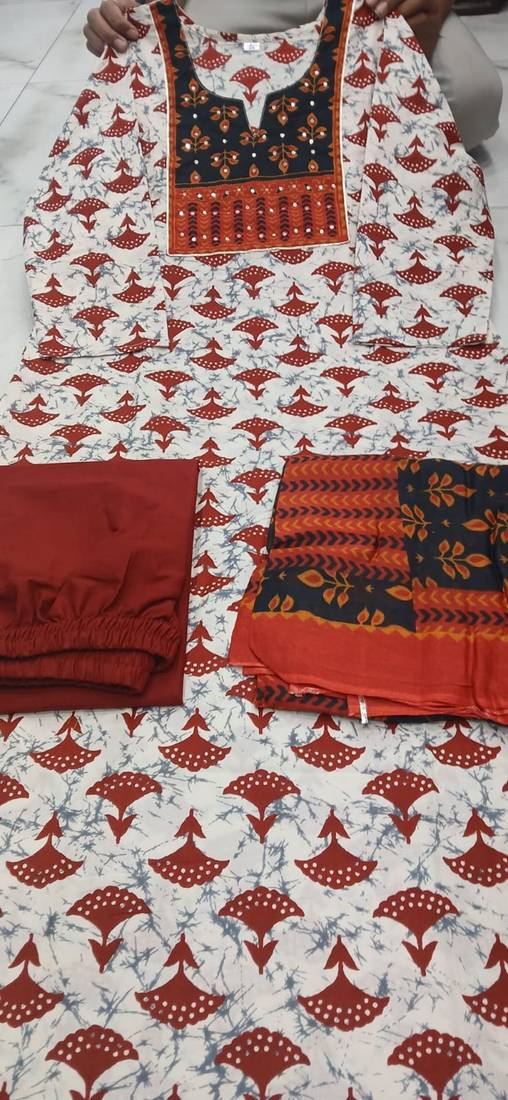 Beautiful premium white & red straight hand block printed kurti pant dupatta sets