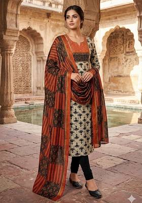 Beautiful premium white & black straight hand block printed kurti pant dupatta sets 1