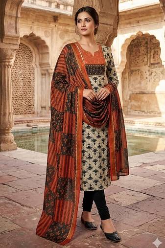 Beautiful premium white & black straight hand block printed kurti pant dupatta sets