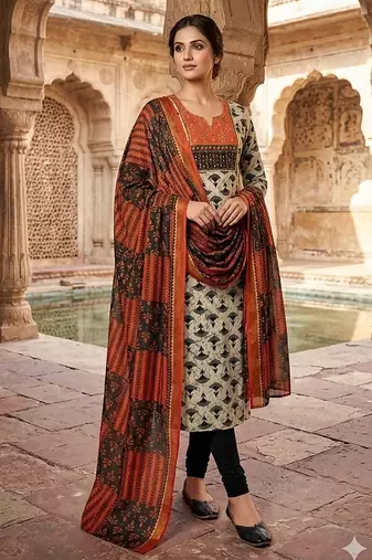Beautiful premium white & black straight hand block printed kurti pant dupatta sets