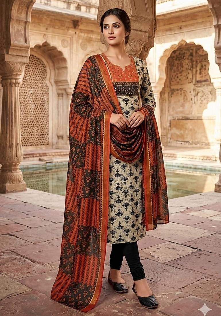 Beautiful premium white & black straight hand block printed kurti pant dupatta sets