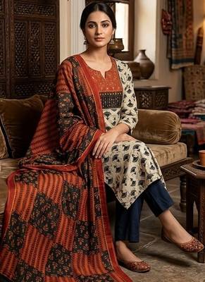 Beautiful premium white & black straight hand block printed kurti pant dupatta sets 2