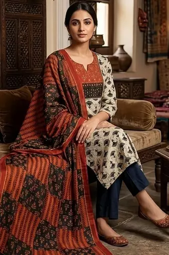 Beautiful premium white & black straight hand block printed kurti pant dupatta sets
