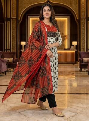Beautiful premium white & black straight hand block printed kurti pant dupatta sets 3