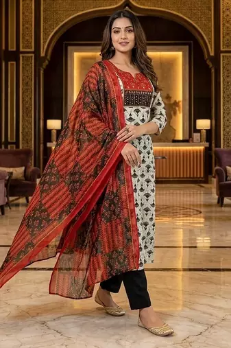 Beautiful premium white & black straight hand block printed kurti pant dupatta sets