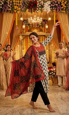 Beautiful premium white & black straight hand block printed kurti pant dupatta sets 4