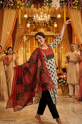 Beautiful premium white & black straight hand block printed kurti pant dupatta sets