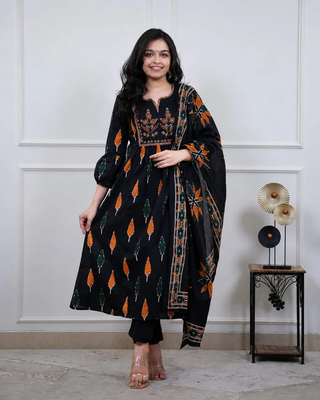 Beautiful premium black printed &  embroidered cotton kurta set with dupatta 1