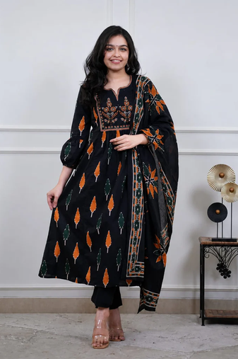 Beautiful premium black printed &  embroidered cotton kurta set with dupatta