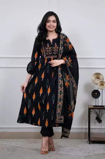 Beautiful premium black printed &  embroidered cotton kurta set with dupatta
