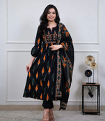 Beautiful premium black printed &  embroidered cotton kurta set with dupatta