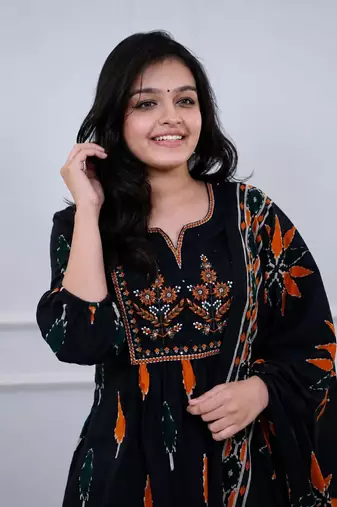 Beautiful premium black printed &  embroidered cotton kurta set with dupatta