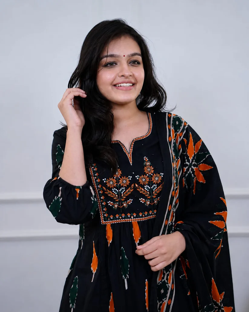 Beautiful premium black printed &  embroidered cotton kurta set with dupatta