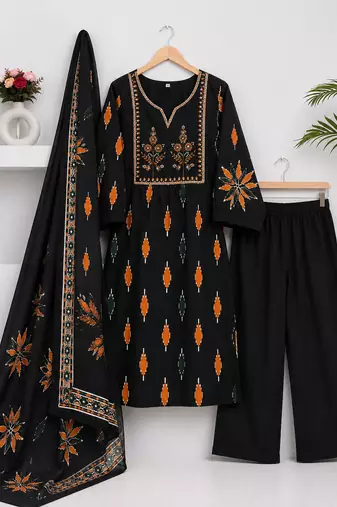 Beautiful premium black printed &  embroidered cotton kurta set with dupatta