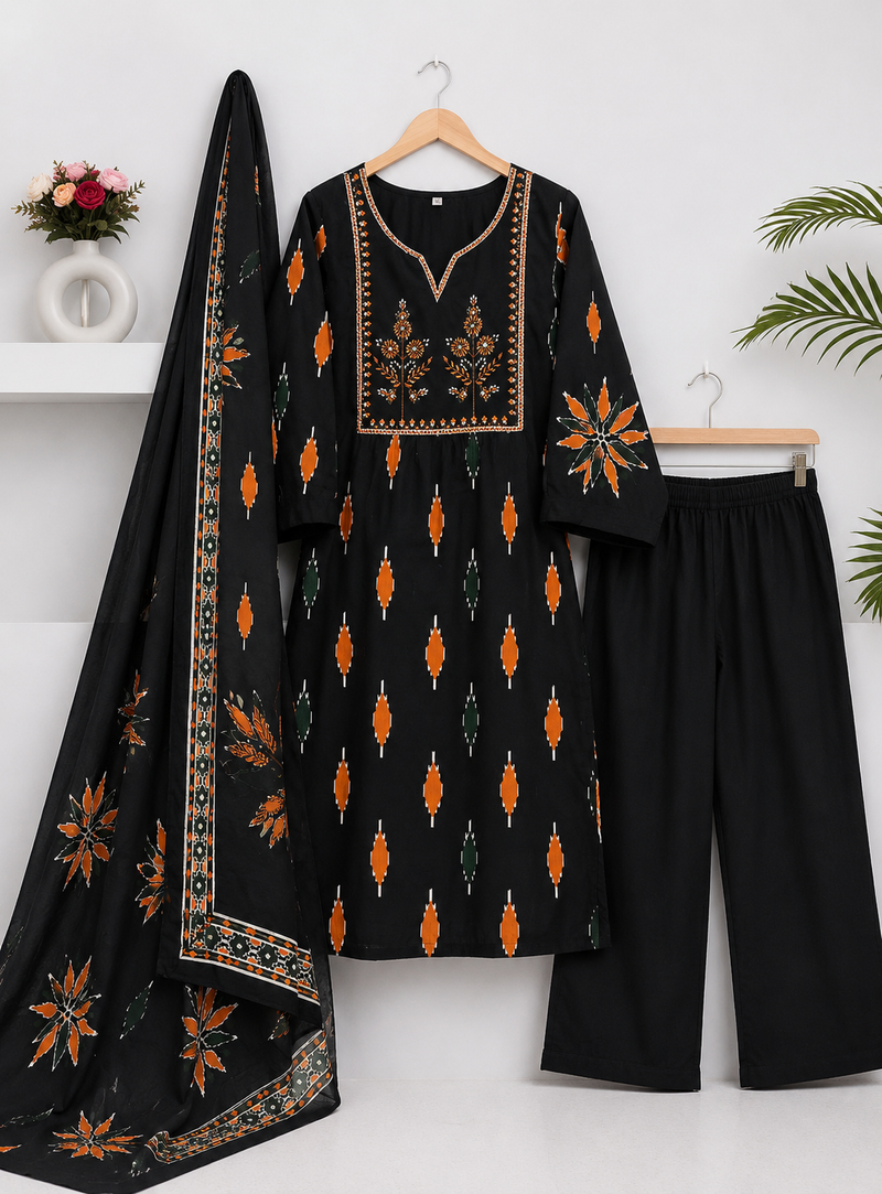 Beautiful premium black printed &  embroidered cotton kurta set with dupatta