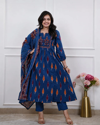 Beautiful premium blue printed &  embroidered cotton kurta set with dupatta 1